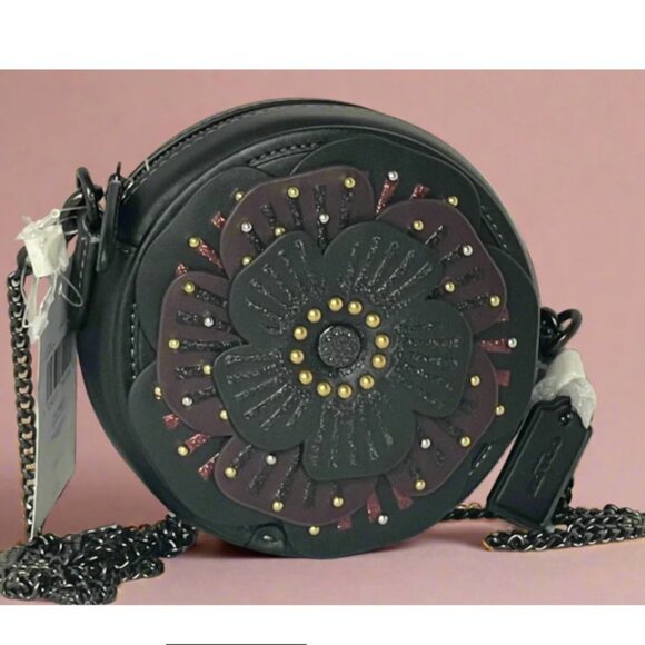 Coach Tea Rose Crossbody CE782 Small Round Leather Chain Shoulder Strap Floral - Picture 1 of 14